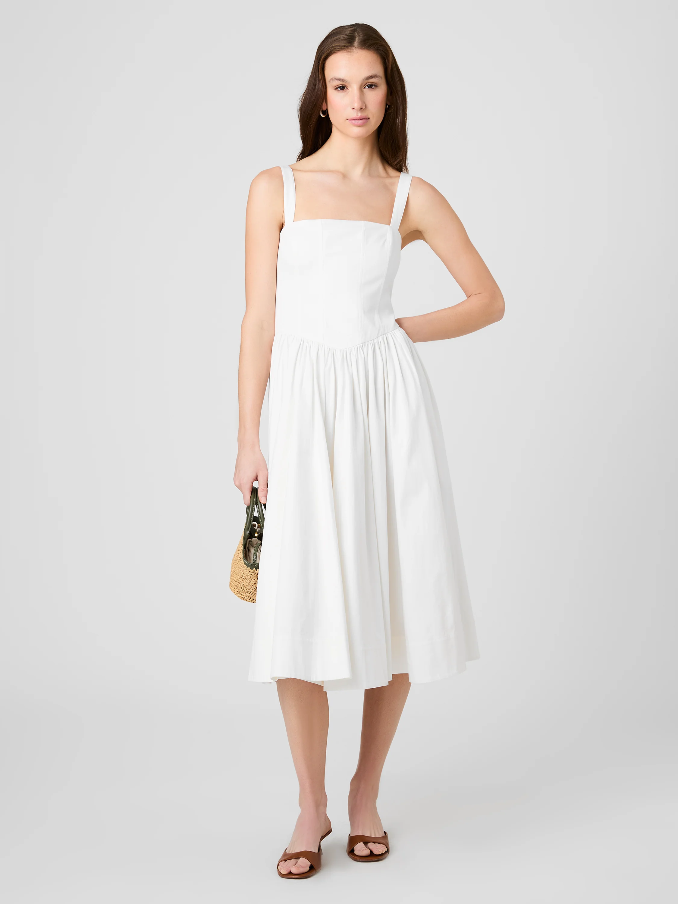 COTTON SATEEN FITTED BODICE MIDI DRESS