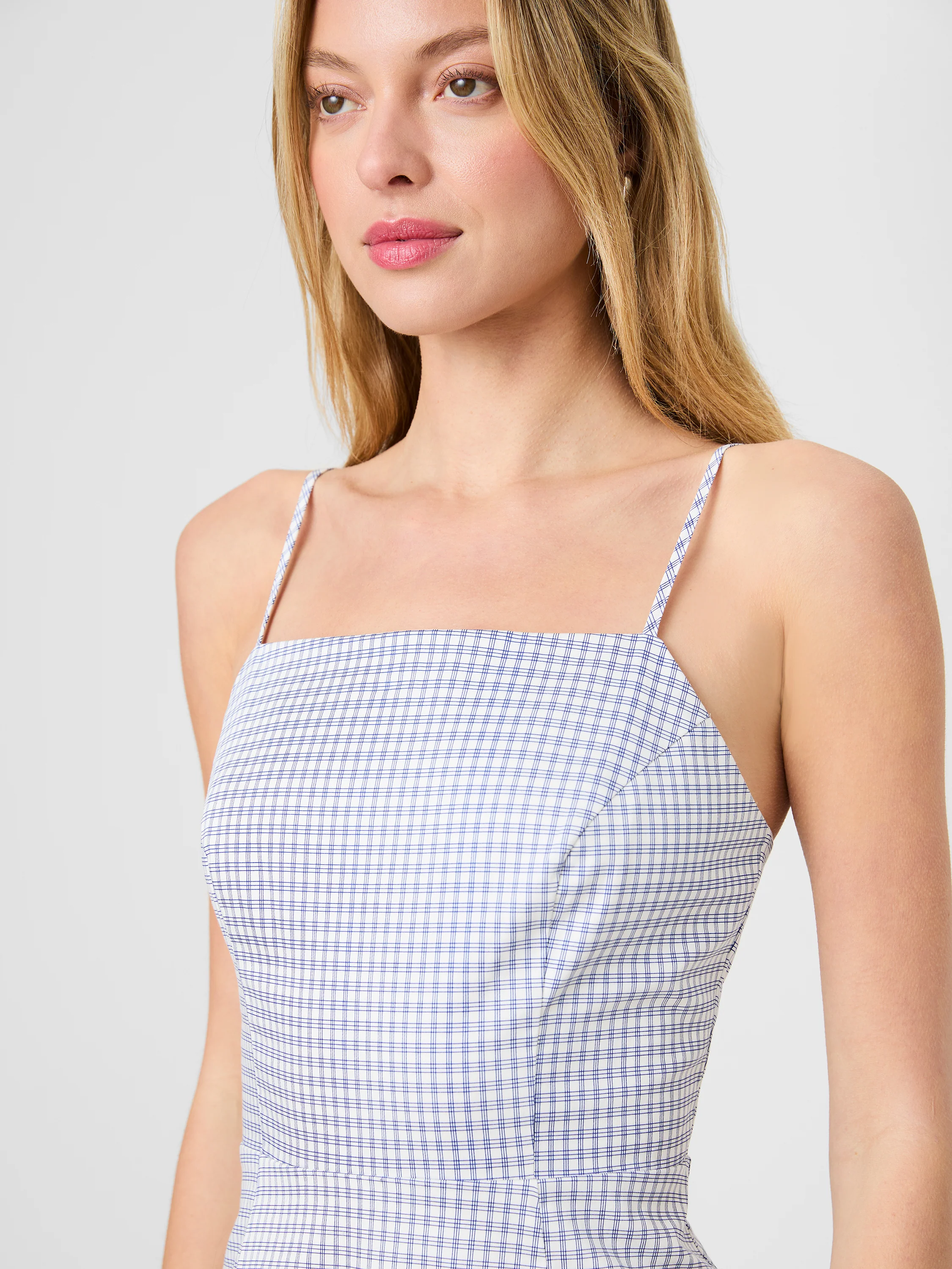 COTTON SATEEN SQUARE NECK WINDOWPANE DRESS - Image 3
